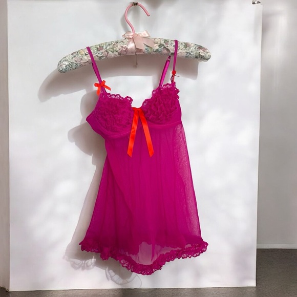 Y2K Pink Lace Babydoll Lingerie XS coquette Fairycore Cottagecore - Picture 1 of 6